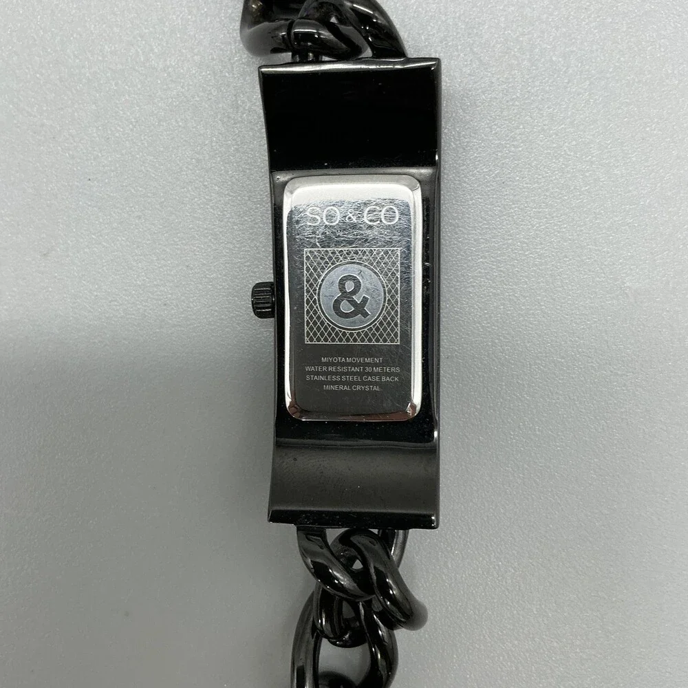 SO&CO Womens Watch 18mm Black Dial Crystal Bezel Chain Bracelet New Battery 7.5